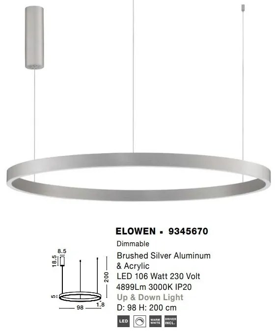 Lustra LED design circular cu iluminat sus si jos ELOWEN argintiu, diametru 98cm