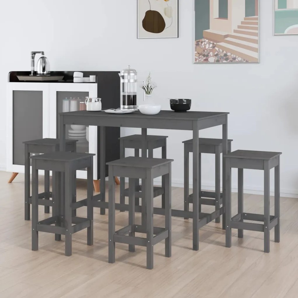 Set mobilier de bar, 7 piese, gri, lemn masiv de pin