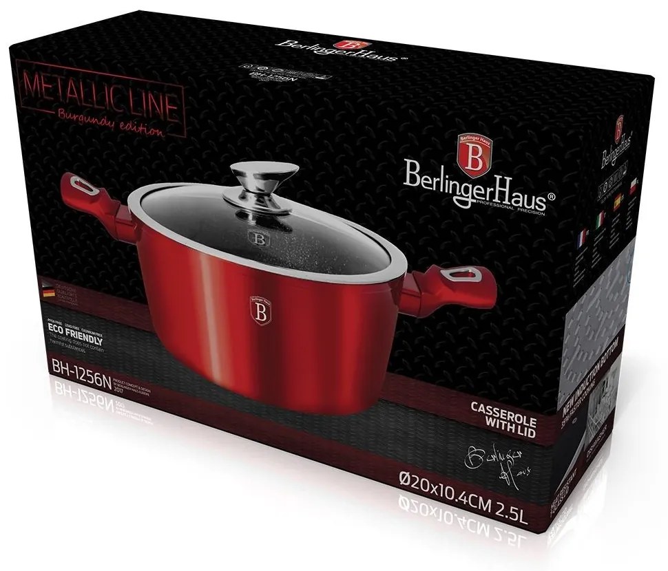Oală cu capac 20 cm, 2.2 L Berlinger Haus BH 1256N, Burgundy Metallic Line, ideală pentru gătit zilnic, curatare usoara
