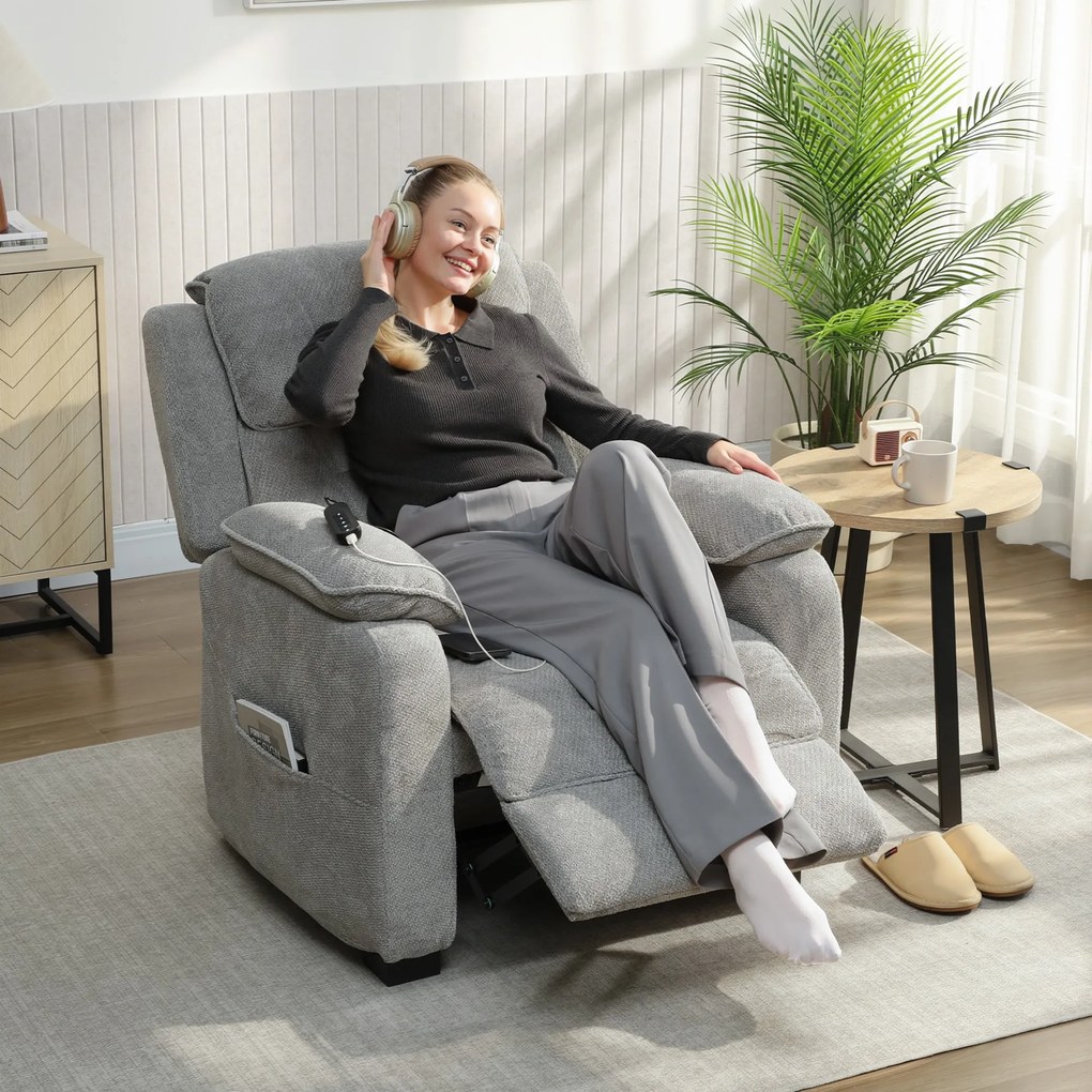 HOMCOM Fotoliu Electric Reclinabil 150° cu Suport pentru Picioare, Port USB, Fotoliu Reclinabil Silențios, Sezut Larg, Telecomandă, Funcție Memorie, din Catifea, pentru Living, Gri | Aosom Romania