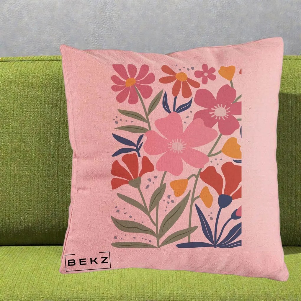 Perna Decorativa Flori Grafice Roz si Terracotta, 40x40 cm, Roz, Husa Detasabila, Perna Inclusa, BEKZ®