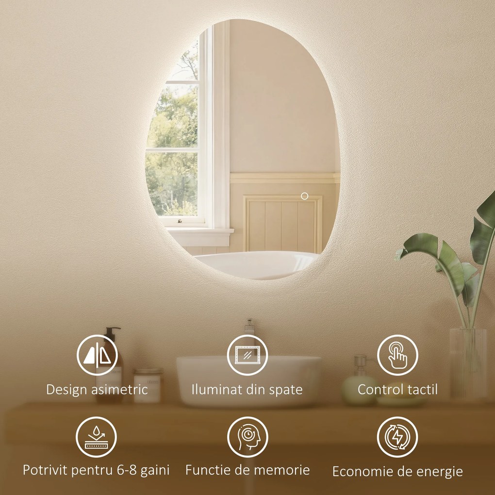 HOMCOM Oglindă de Baie LED cu Comutator Tactil Inteligent și  Intensitate Reglabilă, 80x5x60 cm, Argintiu | Aosom Romania