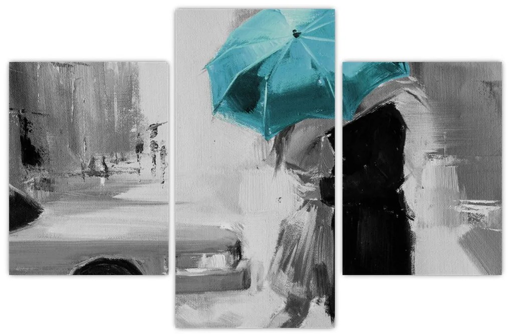 Tablou - Cuplu în dragoste cu umbrelă, albastru (90x60 cm)