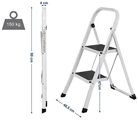 Scara pliabila cu 2 trepte, 46.5 x 55 x 82 cm, metal, alb / negru, Songmics