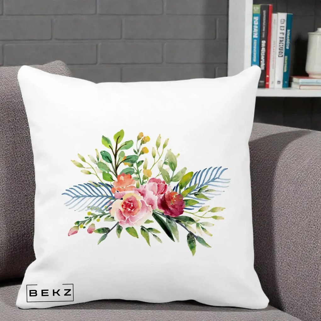 Perna Decorativa Buchet Flori Acuarela Roz-Verde, 40x40 cm, Alba Mata, Husa Detasabila, Perna Inclusa, BEKZ®