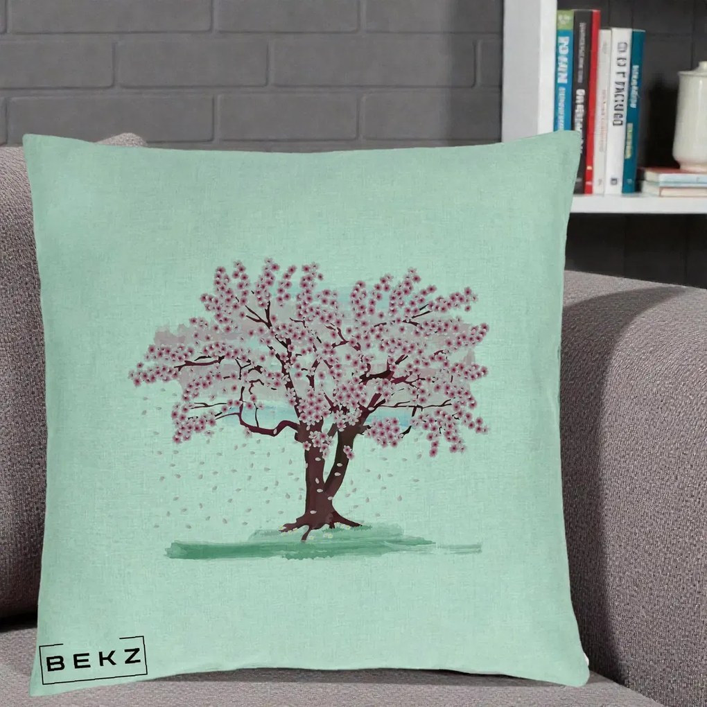 Perna Decorativa Cires Inflorit Acuarela, 40x40 cm, Verde Menta, Husa Detasabila, Perna Inclusa, BEKZ®