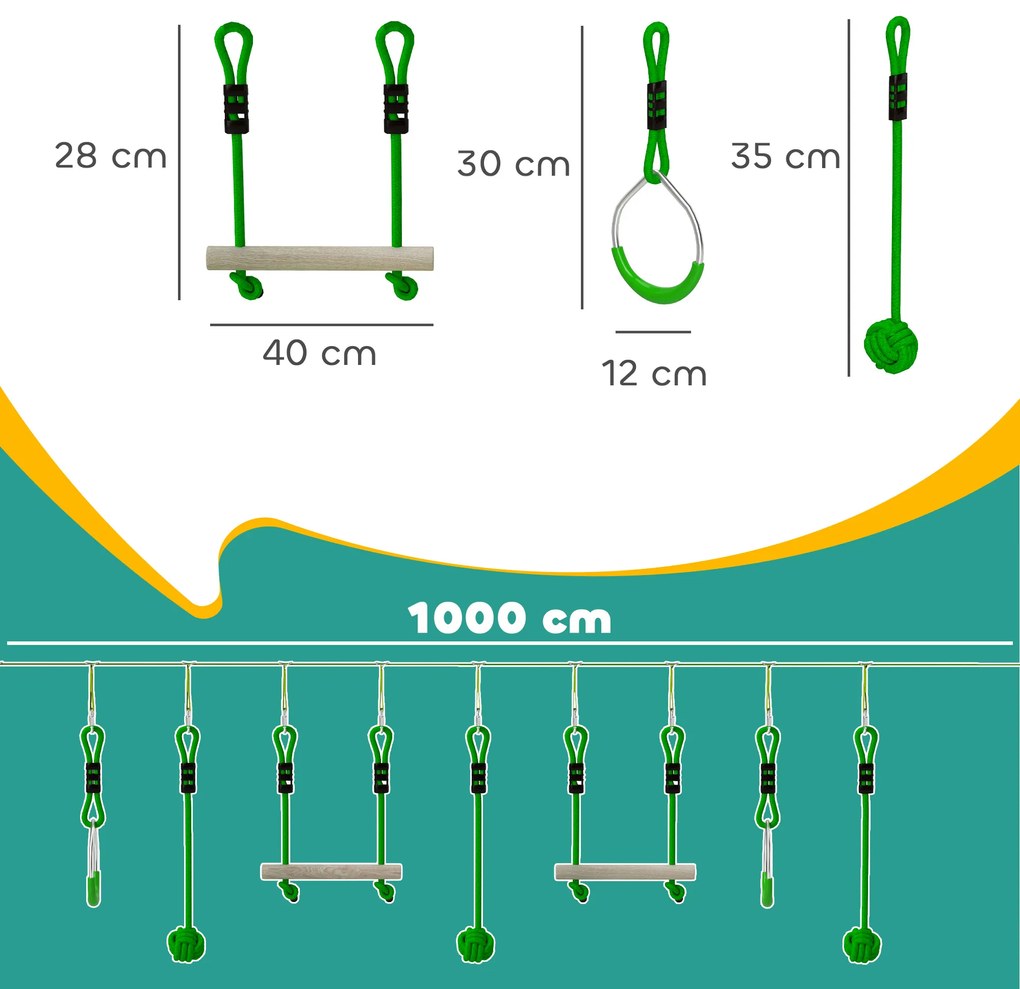 AIYAPLAY Parcurs de obstacole Ninja pentru copii 10 M kit tirolian complet 7 piese încărcare 50 kg, instalare ușoară, verde | Aosom Romania