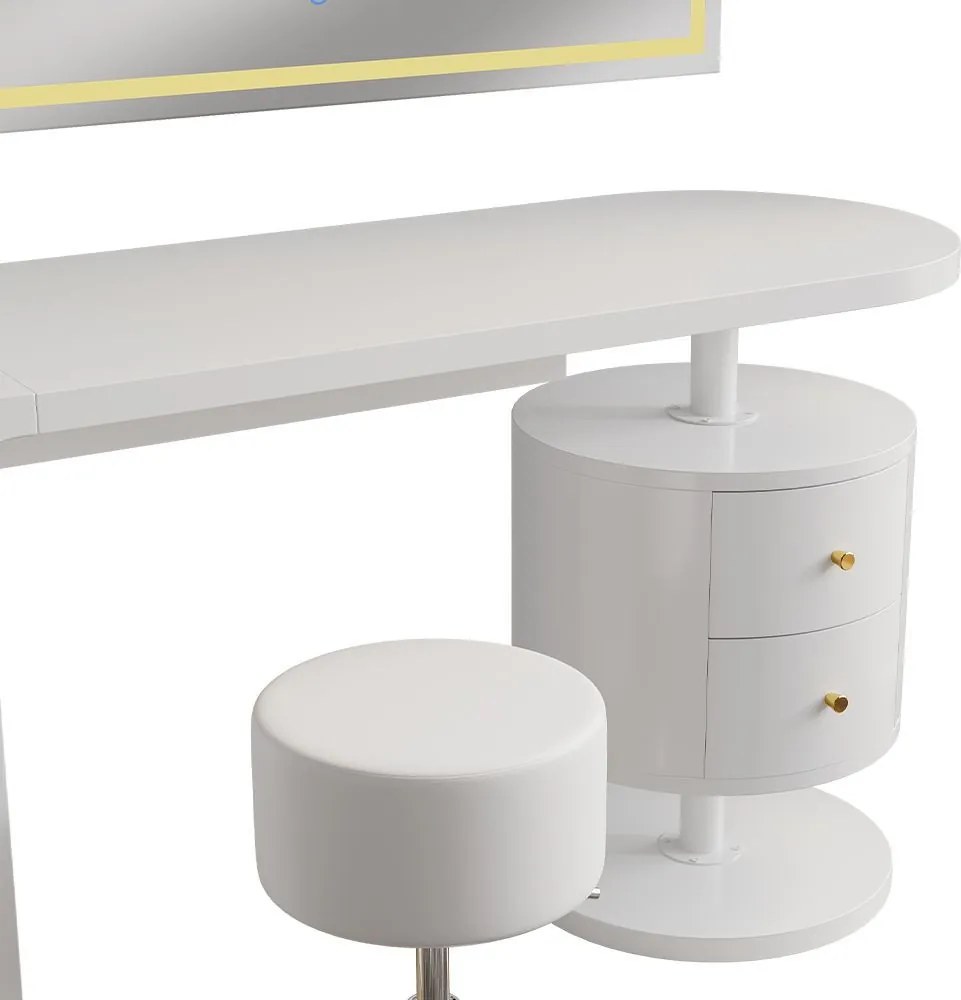 Masuta machiaj cu Oglinda LED si 2 Sertare pentru Cosmetice, Set Masa toaleta 120 cm, Alb Lucios, masuta cosmetica, vanity - SEA462