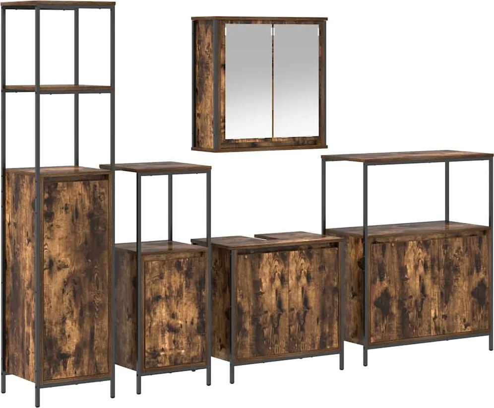 vidaXL Set de mobilier pentru baie cu ușă 5 pcs Stejar afumat și negru