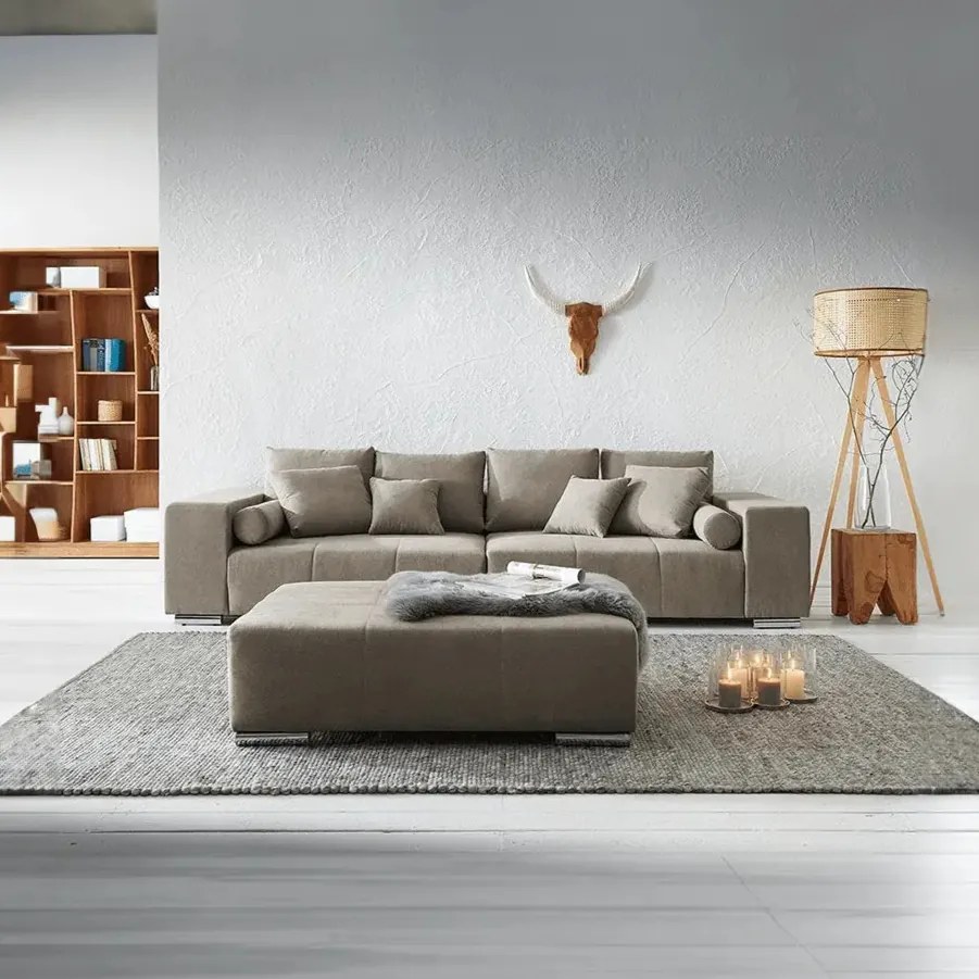 Canapea extensibilă dumonde cu ladă de depozitare si sezut confortabil din spuma high-density, Marbela Enjoy Camel XXL 295x100 cm cu taburet inclus