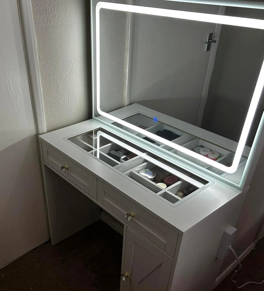 SEA498 - Set Masa toaleta 90 cm, cosmetica machiaj, oglinda cu LED, masuta vanity cu Priza, USB si Suport Uscator par - Alb