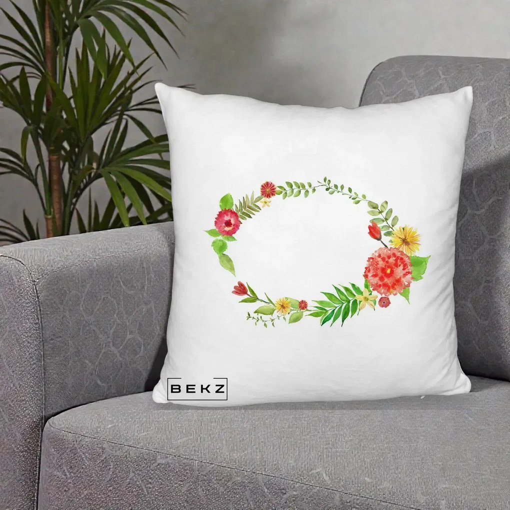 Perna Decorativa Coroana Florala Acuarela, 40x40 cm, Alb Pufos, Husa Detasabila, Perna Inclusa, BEKZ®