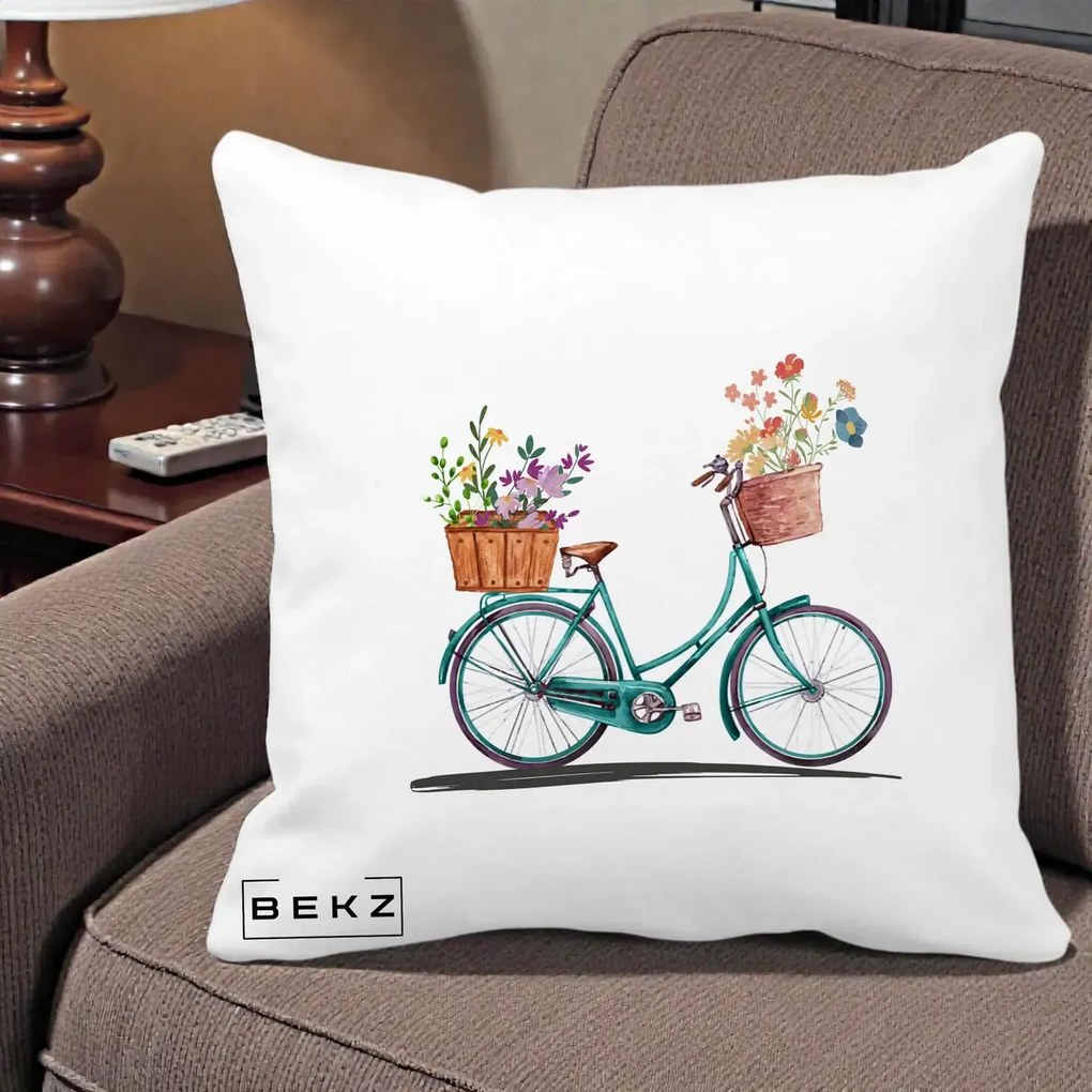 Perna Decorativa Bicicleta Florala Turcoaz Acuarela, 40x40 cm, Alba Mata, Husa Detasabila, Perna Inclusa, BEKZ®