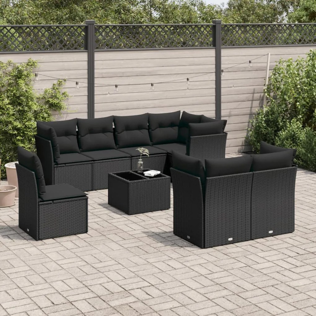 3217935 vidaXL Set mobilier de grădină cu perne, 9 piese, negru, poliratan