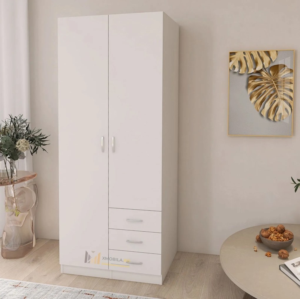 Dulap Mixt Star cu 2 Usi si 3 Sertare, 200x80x50 cm,Culoare Alb, Material din PAL de 18mm