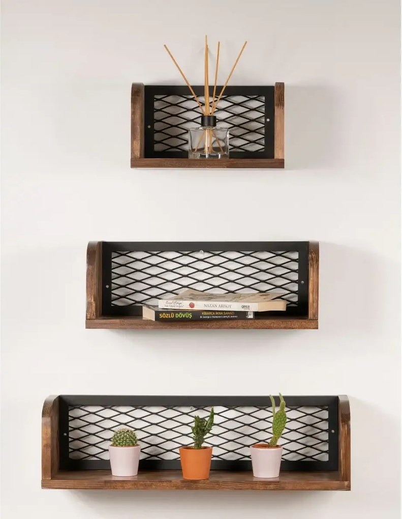 Set 3 etajere Box Homs, nuc-metal negru, 60 x 17 x 10 cm
