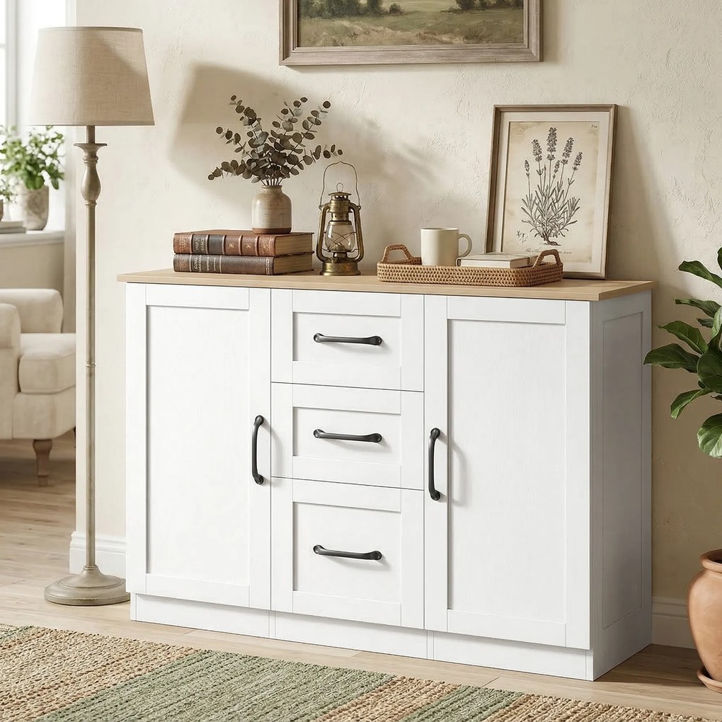 HOMCOM Bufet de bucătărie cu 3 sertare și 2 uși, închidere amortizată, pentru dining, hol și living, 110x35x80,4 cm, alb | Aosom Romania