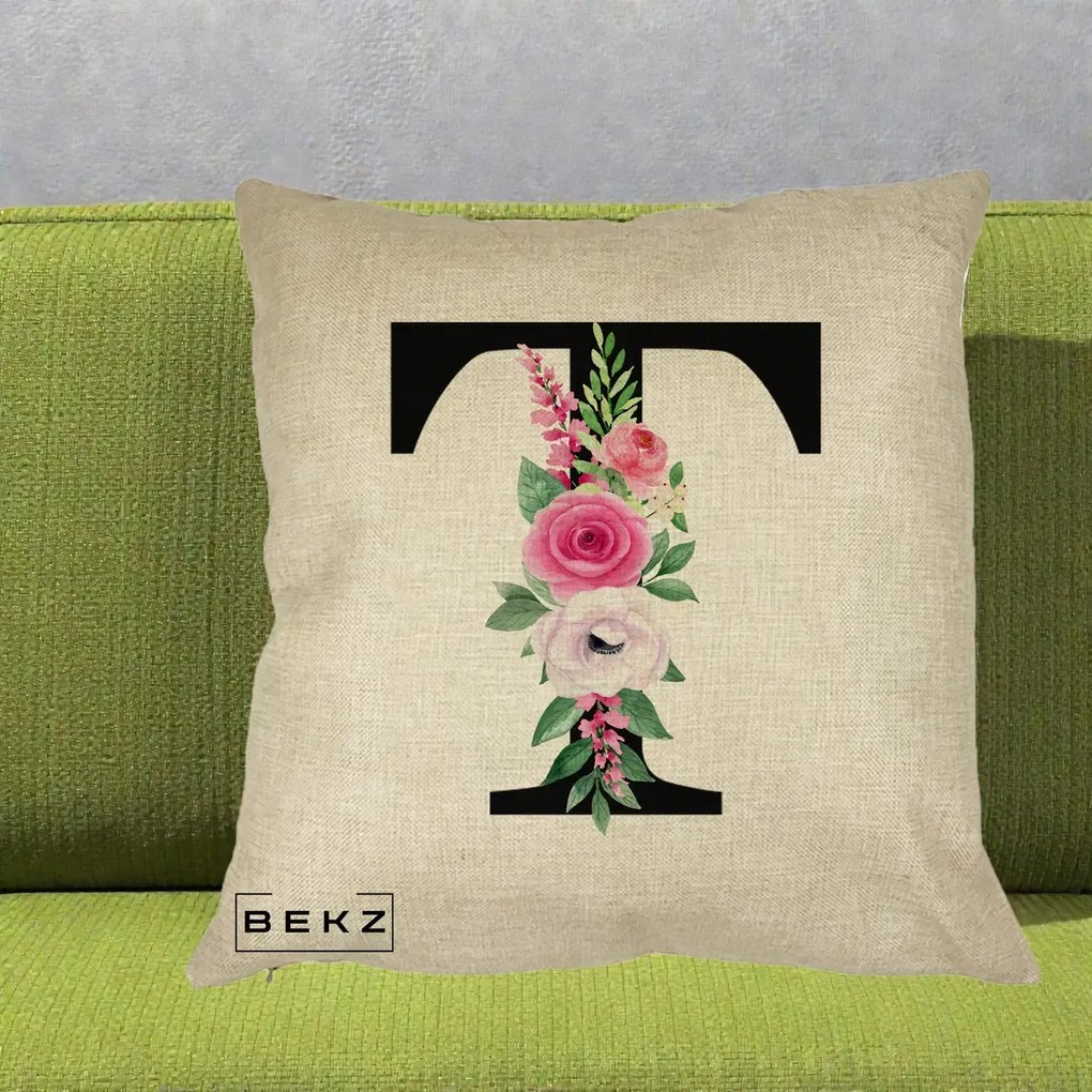 Cadou Personalizat - Perna Personalizata Monograma Florala Litera T, 40x40 cm, Crem, Husa Detasabila, Perna Inclusa, BEKZ®