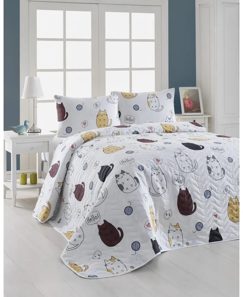 Set cuvertură matlasată și 2 fețe de pernă Eponj Home Hello Cats White, 200 x 220 cm