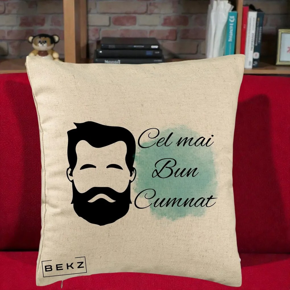 Cadou pentru Cumnat - Perna Personalizata Cel mai Bun Cumnat cu Portret Barbat si Pete Teal, 40x40 cm, Bej, Husa Detasabila, Perna Inclusa, BEKZ®