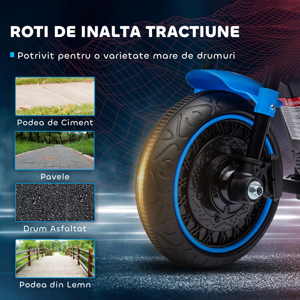 Motocileta Electrica de 6V, Roti de Antrenament, Baterii, un Singur Buton de Pornire, Pedala, Far, 18-36 luni, Albastru HOMCOM | Aosom Romania
