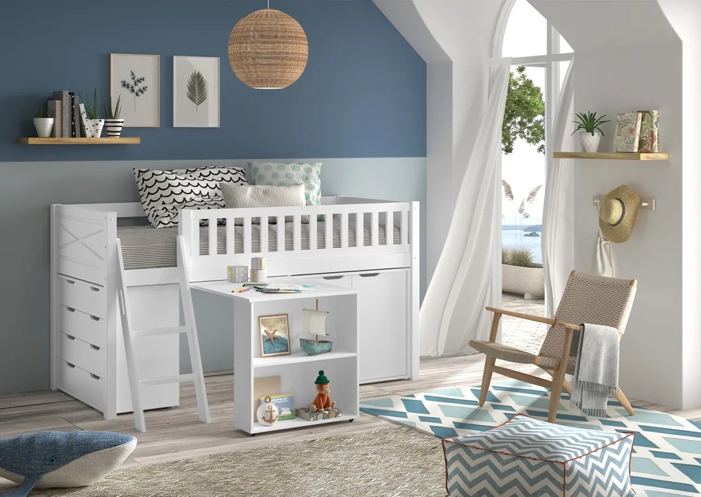 Set pat semi-supraetajat pentru copii SCOTT, alb, 90 x 200 cm, pin scandinav masiv, cu scară, birou glisant, bibliotecă, comodă cu 3 sertare și dulap