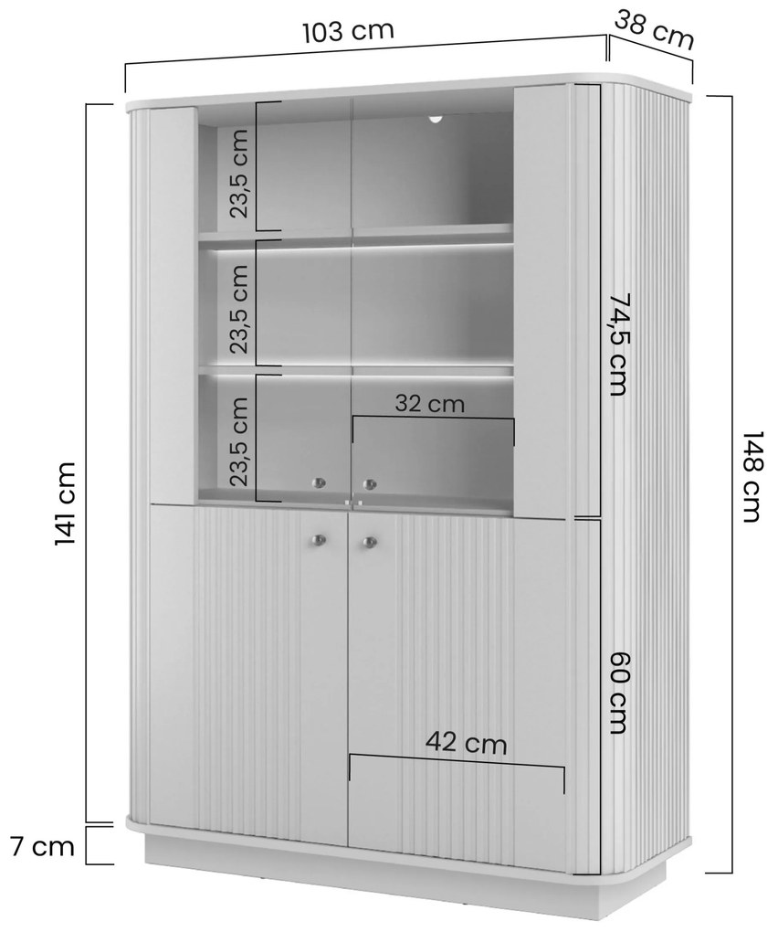 Vitrină Vesper 103 cm cu 4 uși - cașmir / nuc / mânere aurii