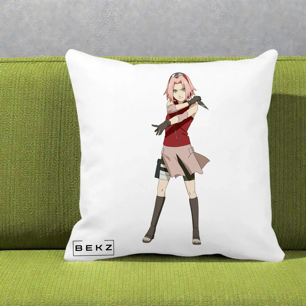 Perna Personalizata Naruto Sakura Haruno Portret, 40x40 cm, Alba Mata, Husa Detasabila, Perna Inclusa, BEKZ®