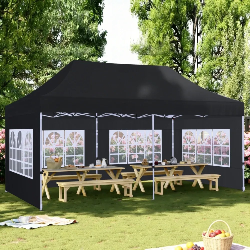 ABCCANOPY – Cort pavilion pliabil 6x3 m, înălțime reglabilă 3 trepte, pereți cu ferestre transparente, impermeabil, Negru,