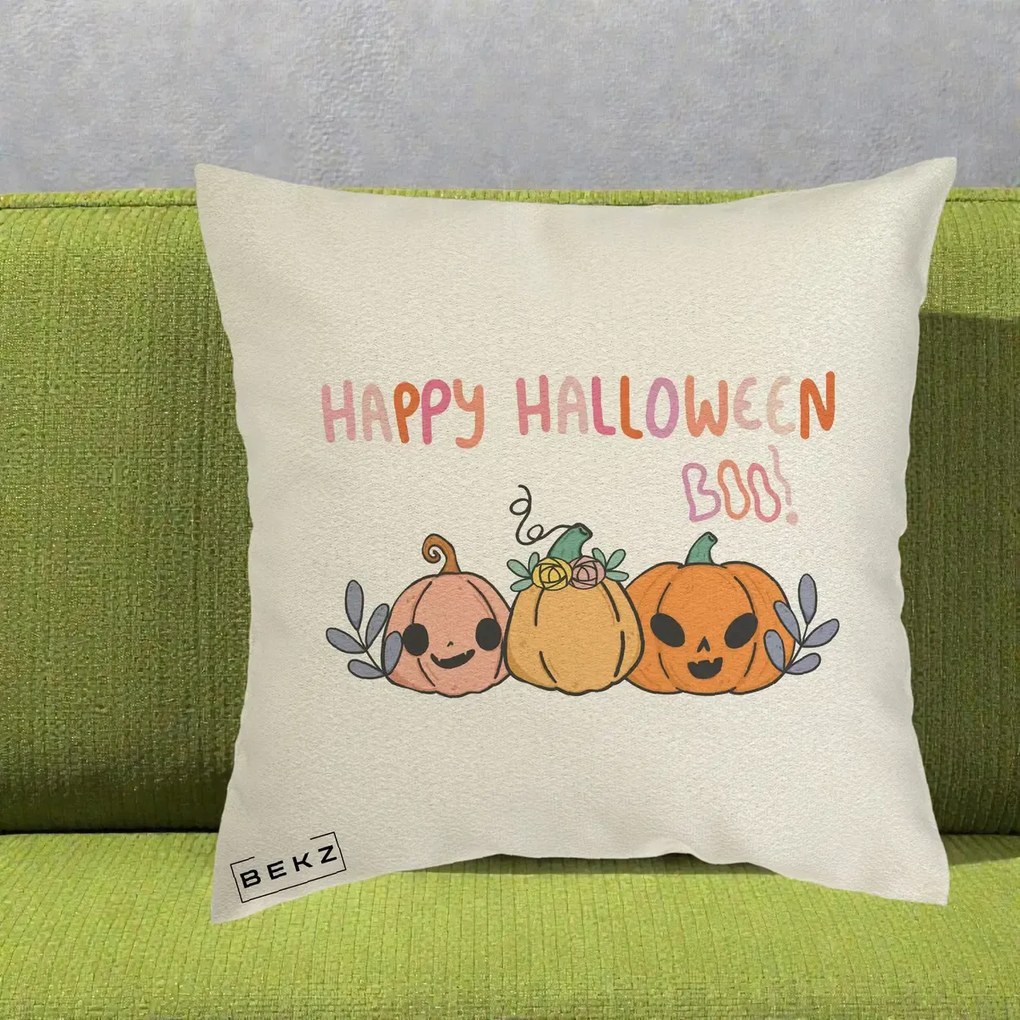 Perna Decorativa Happy Halloween Boo Trei Dovlecei Kawaii, 40x40 cm, Ecru, Husa Detasabila, Perna Inclusa, BEKZ®