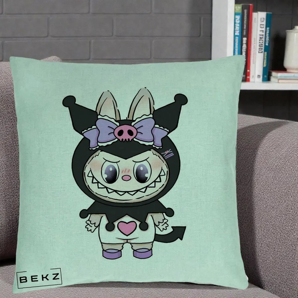 Perna Personalizata Labubu x Kuromi, 40x40 cm, Verde Menta, Husa Detasabila, Perna Inclusa, BEKZ®
