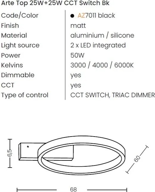 Plafoniera LED moderna Arte Top 25W+25W CCT Switch Bk
