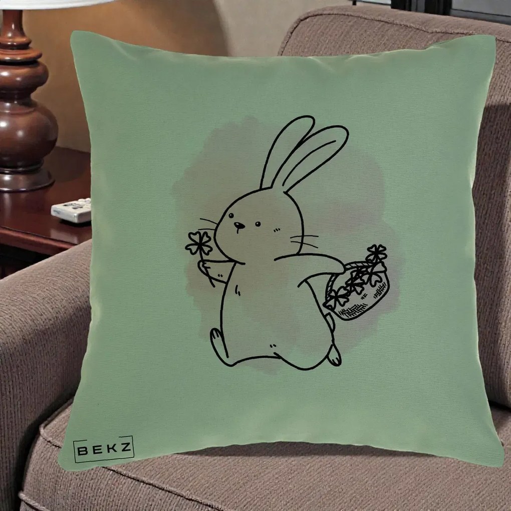 Perna Decorativa Iepuras Kawaii cu Cosulet Floral, 40x40 cm, Verde, Husa Detasabila, Perna Inclusa, BEKZ®