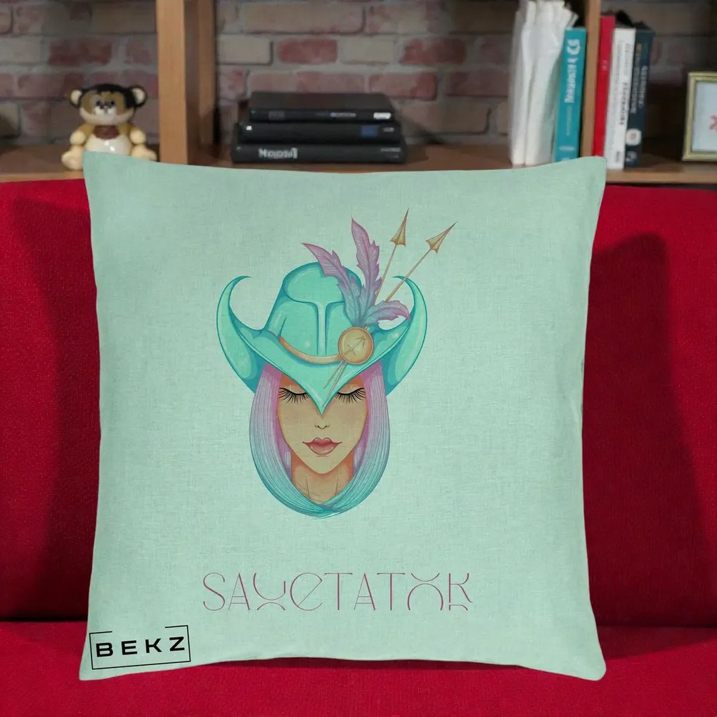 Perna Personalizata Zodiac Sagetator Cowgirl, 40x40 cm, Verde Menta, Husa Detasabila, Perna Inclusa, BEKZ®