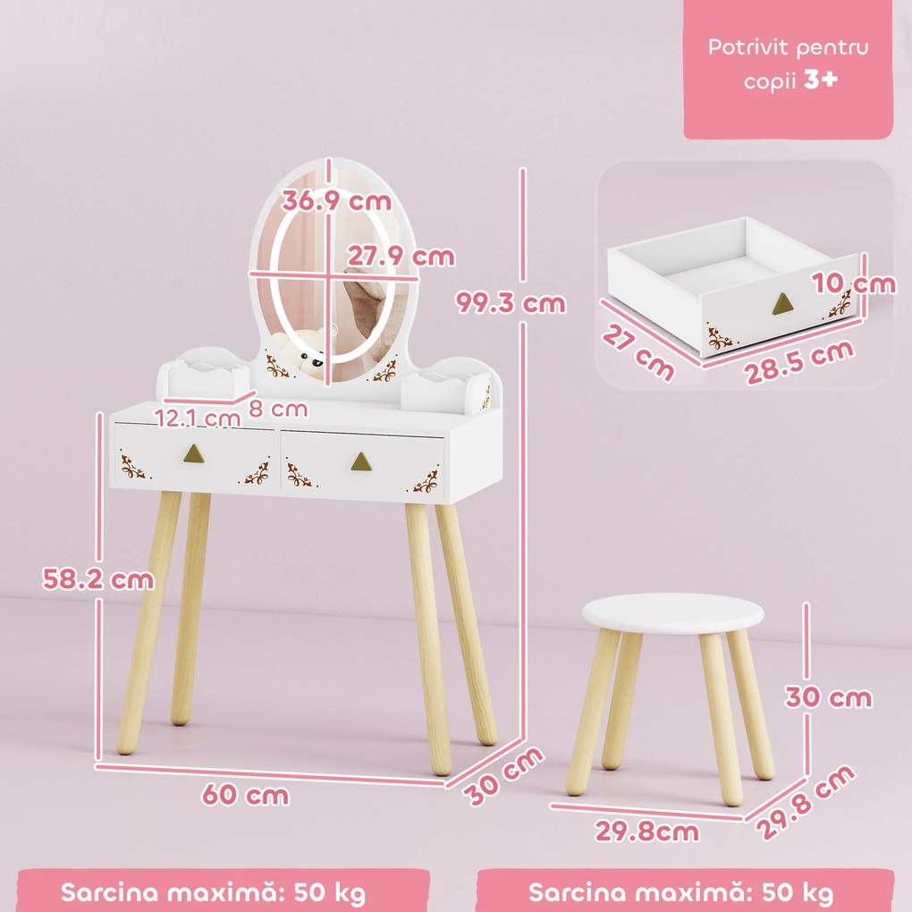 AIYAPLAY Set Măsuță și Scaun pentru Copii cu Oglindă cu Lumini LED în 3 Culori, Sertar, Cutii de Depozitare, pentru 3+ Ani, Alb | Aosom Romania