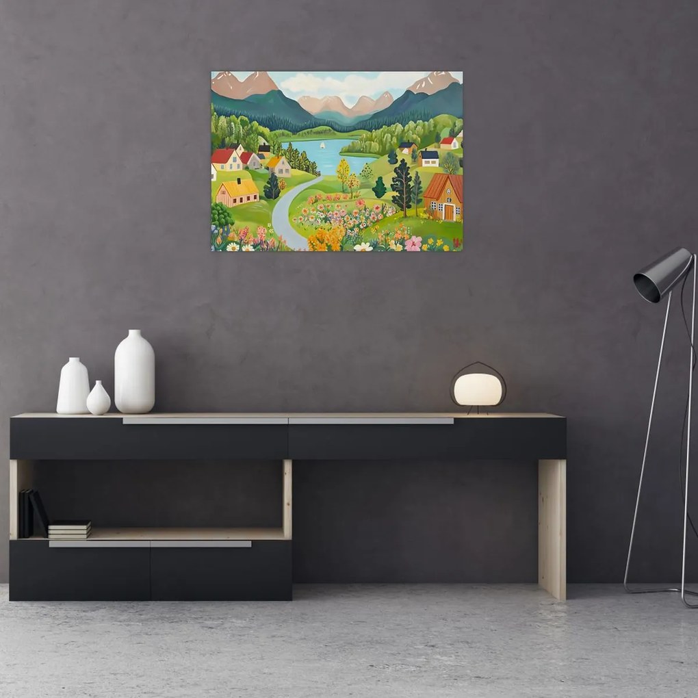 Tablou pe sticlă - Sat în Munți (70x50 cm)