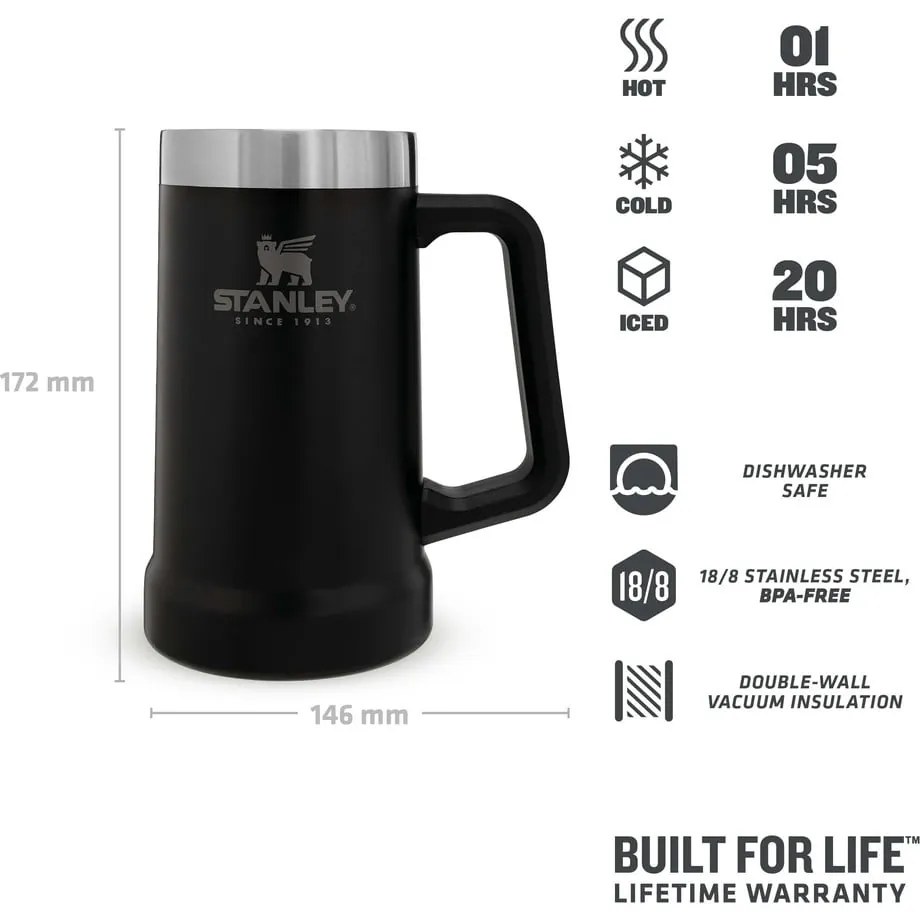 Cană termos neagră din oțel inoxidabil 700 ml The Big Grip Beer Stein Black – Stanley