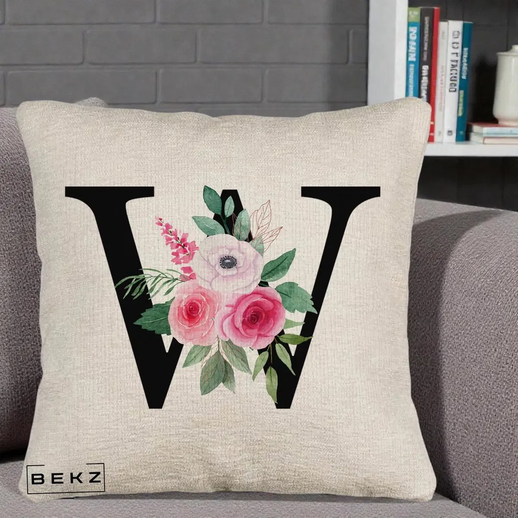 Cadou Personalizat - Perna Personalizata Monograma Florala Litera W cu Trandafiri si Anemona, 40x40 cm, Bej Canapea, Husa Detasabila, Perna Inclusa, BEKZ®