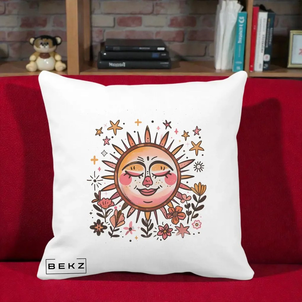 Perna Decorativa Soare Retro Boho Floral, 40x40 cm, Alba Mata, Husa Detasabila, Perna Inclusa, BEKZ®