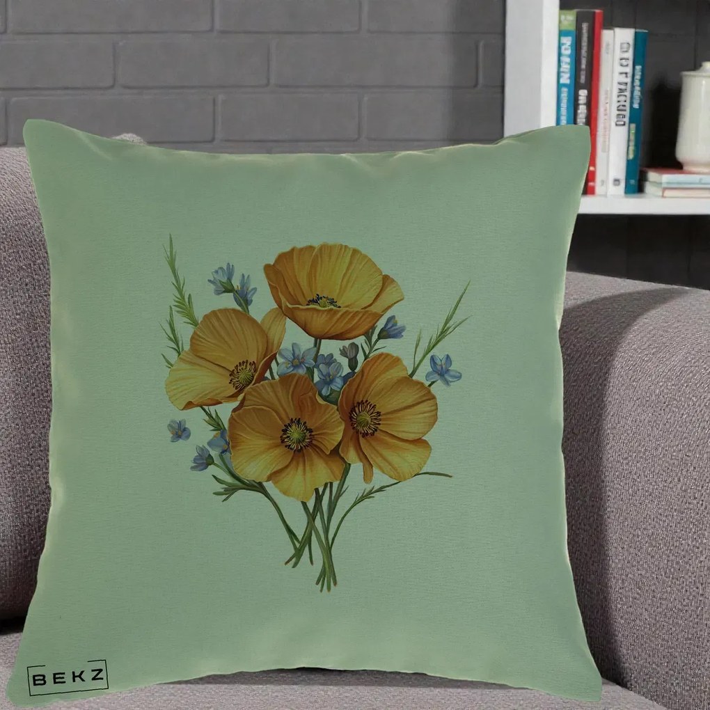 Perna Decorativa Maci Portocalii cu Floricele Albastre, 40x40 cm, Verde, Husa Detasabila, Perna Inclusa, BEKZ®
