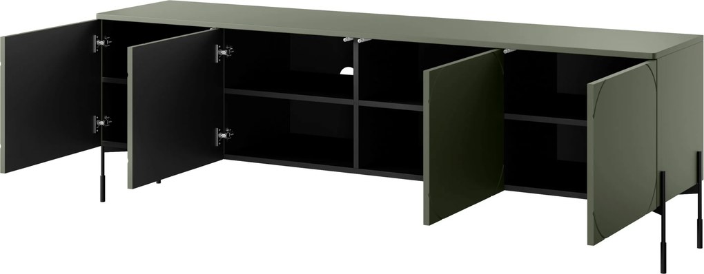 Comodă TV Sonatia 200 cm cu patru uși pe picioare metalice - verde măsliniu