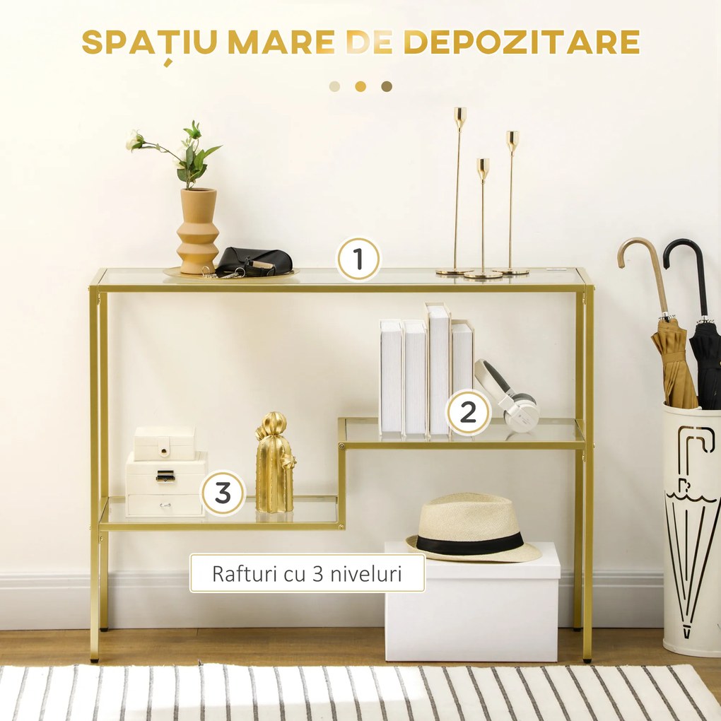 HOMCOM Consolă Aurie cu Masă de Cafea din Sticlă Temperată 100 cm, Rafturi de Depozitare, Design Elegant pentru Hol | Aosom Romania