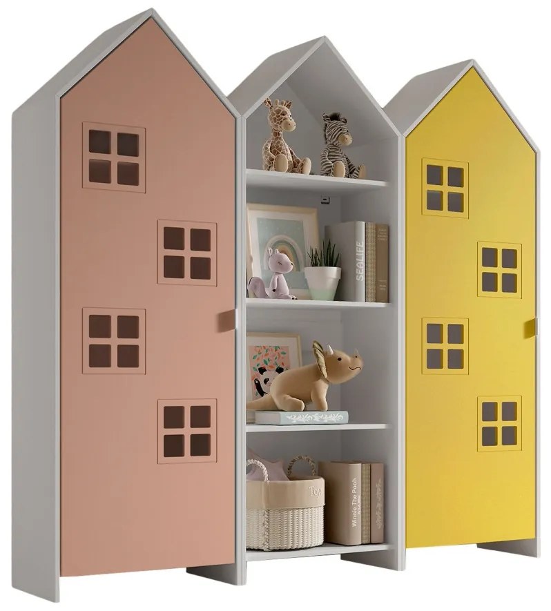Set 3 dulapuri pentru copii Casami tip colibă de plajă – 1 deschis, 1 cu ușă Roz Confortabil și 1 cu ușă Galben Strălucitor – Vipack