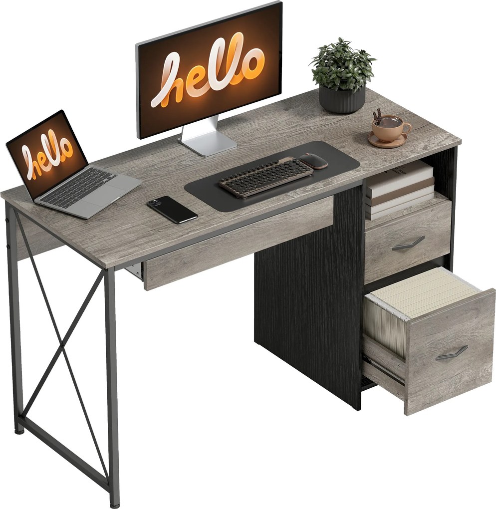 HOMCOM Birou de calculator, 120×50cm, birou cu depozitare, blat pentru tastatură, compartiment deschis și 2 sertare, gri | Aosom Romania