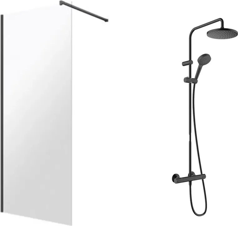 Pachet paravan dus Walk-In Omnires Marina negru 100x200 cm si coloana de dus Hansgrohe Vernis Blend negru