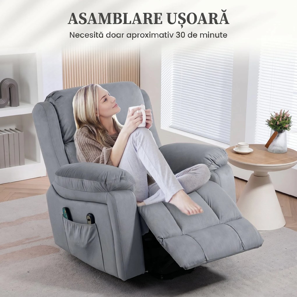 HOMCOM Scaun Electric cu Masaj prin Vibrații și Căldură, Scaun din Piele pentru Vârstnici cu Telecomandă și Buzunar Lateral, 90x95x103 cm, Gri