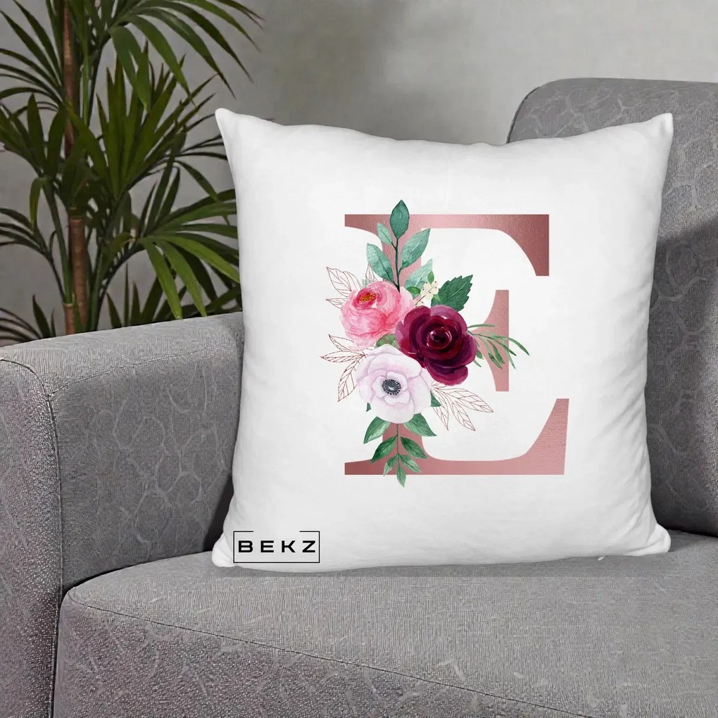 Cadou Personalizat - Perna Personalizata Monograma Rose Gold Litera E, 40x40 cm, Alb Pufos, Husa Detasabila, Perna Inclusa, BEKZ®