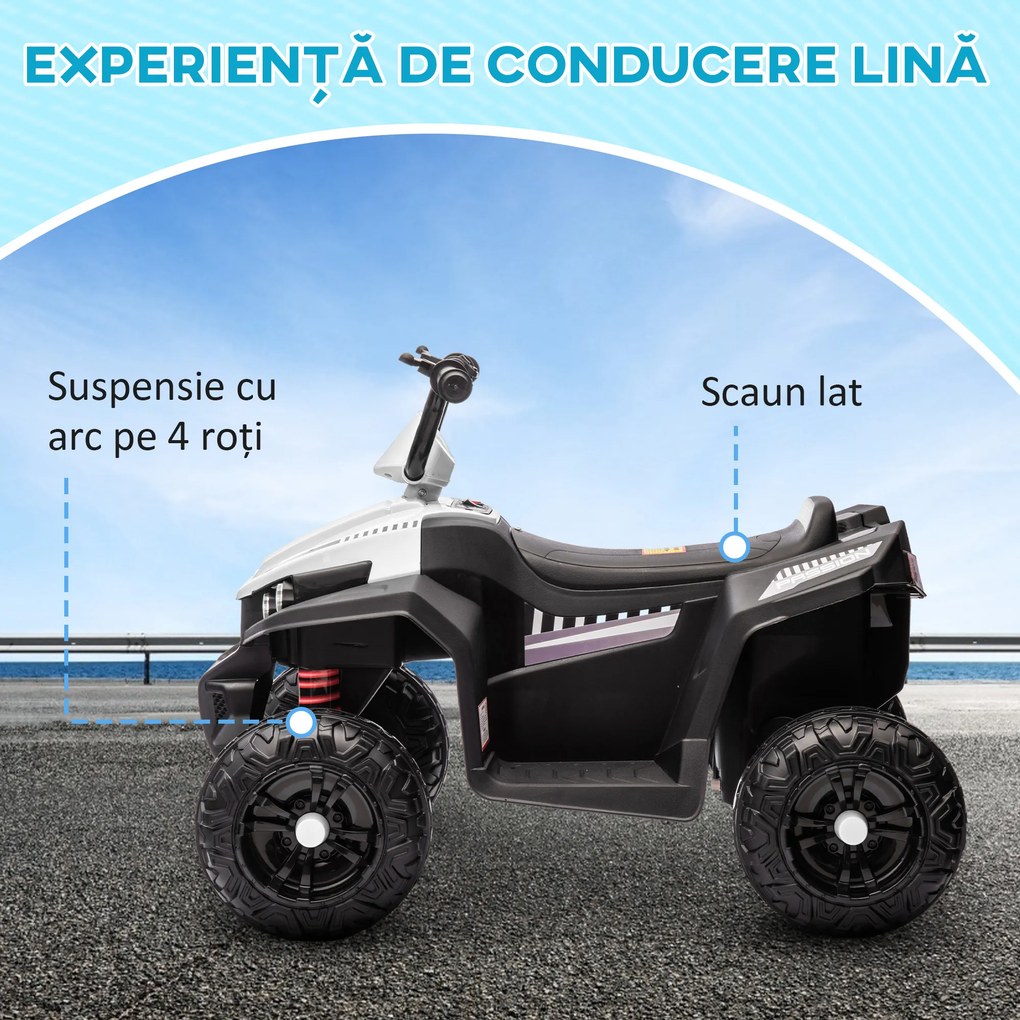 AIYAPLAY ATV Electric pentru Copii 12V cu 2 Motoare, Suspensii, Faruri LED, MP3, 37-60 Luni, Interior Exterior, Alb | Aosom Romania