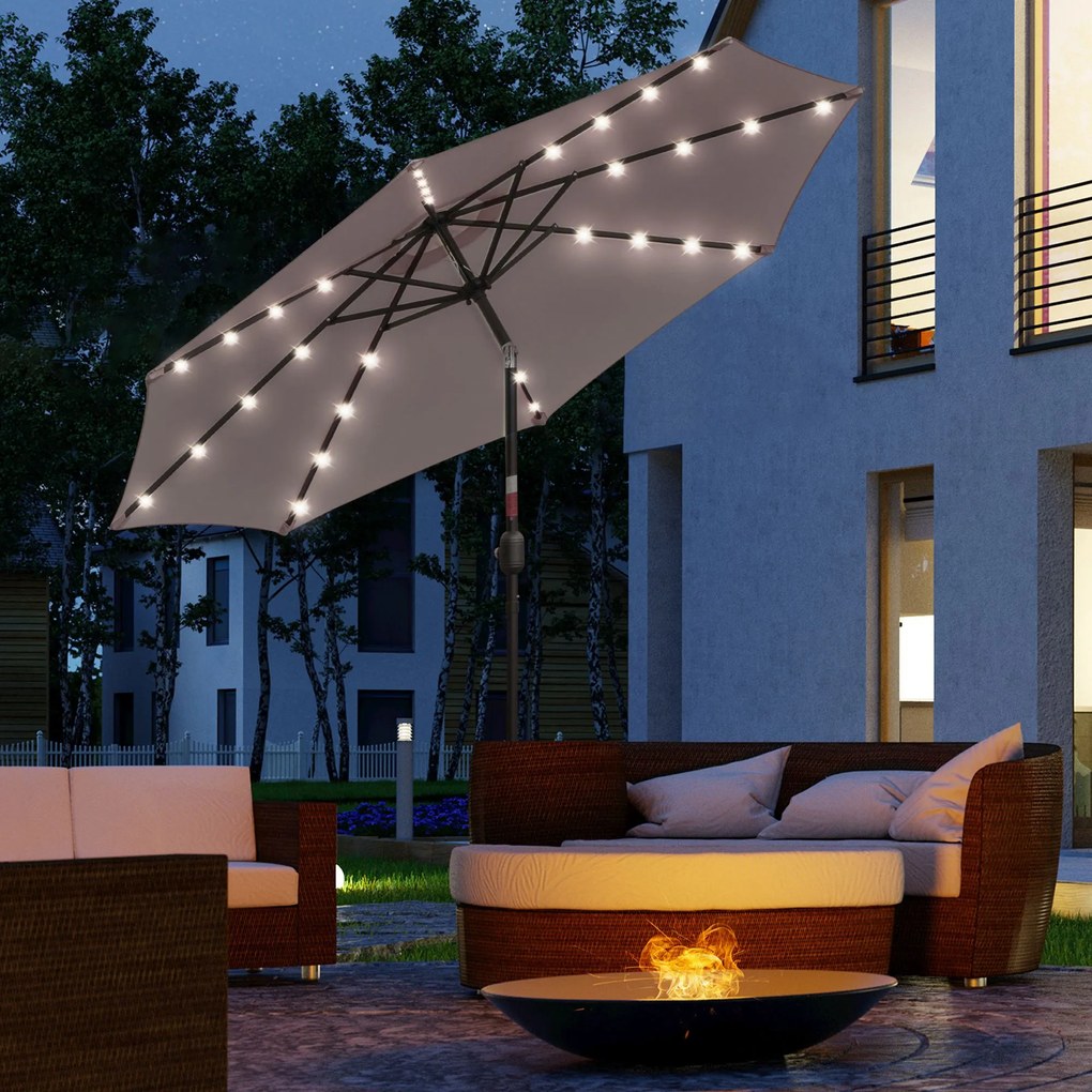 Outsunny Umbrelă de Grădină Inclinabilă Ø265 cm cu 32 Lumini LED Solare și Manivelă, Umbrelă de Exterior cu 8 Spițe, din Oțel și Poliester, pentru Patio, Curte, Balcon, Terasă, Gri | Aosom Romania