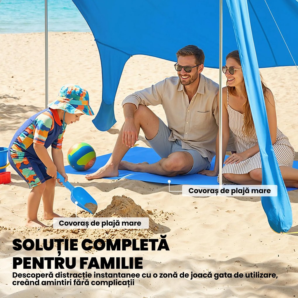 Outsunny Cort de Plajă pentru 2-4 Persoane, Saltea, Lopată, Protecție Solară UPF50+, Albastru | Aosom Romania